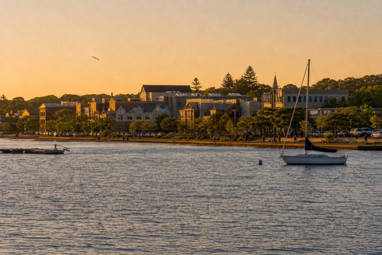 Traverse City waterfront and Grand Traverse Bay at golden hour