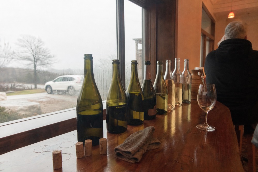 A flight of white and sparkling wines lined up on a tasting room bar