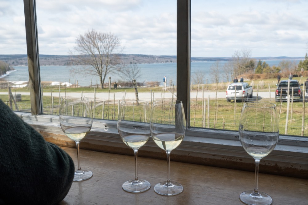 A tasting room bar with glasses of white wine and a view of a bay through the window