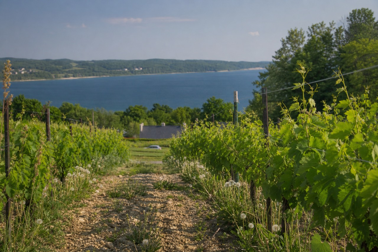 Vineyard rows overlooking a bay on a sunny day