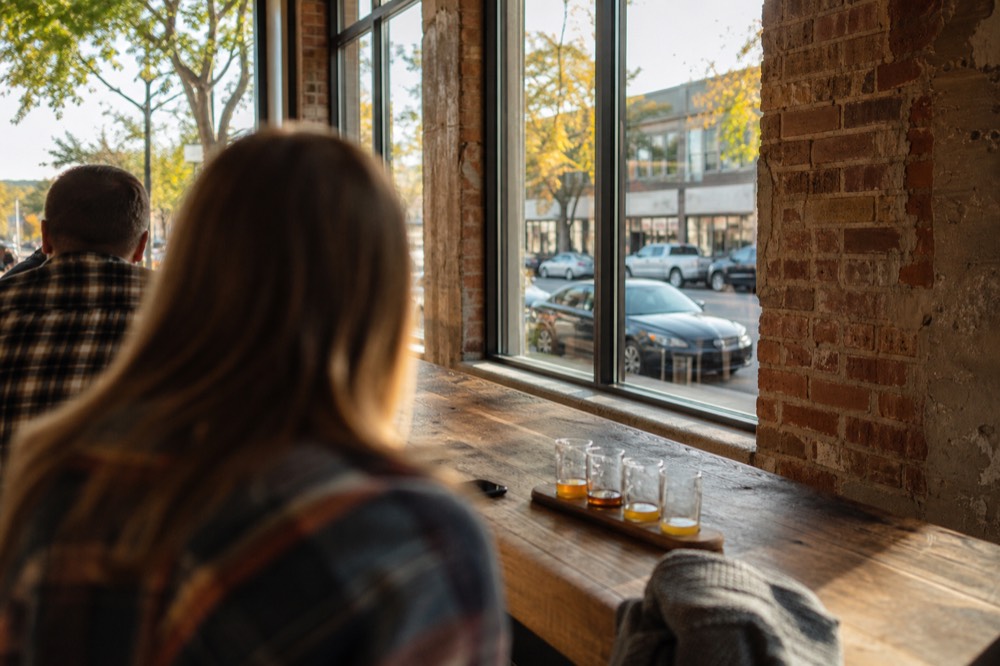 Visitors in casual clothing seated at a wooden tasting bar with wine glasses
