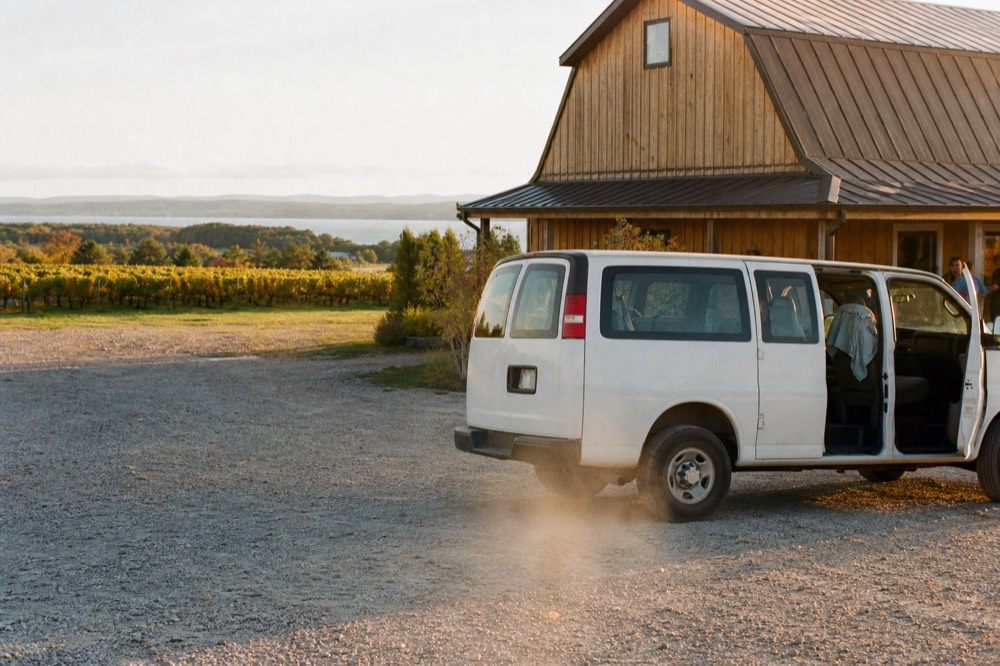 A shuttle van parked outside a northern Michigan winery tasting room