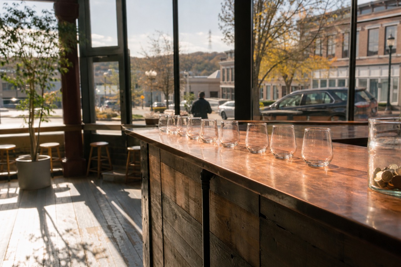 A tasting room bar with wine glasses lined up ready for pours