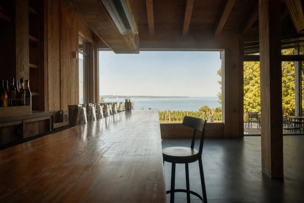 Empty winery tasting bar in morning light with bay window