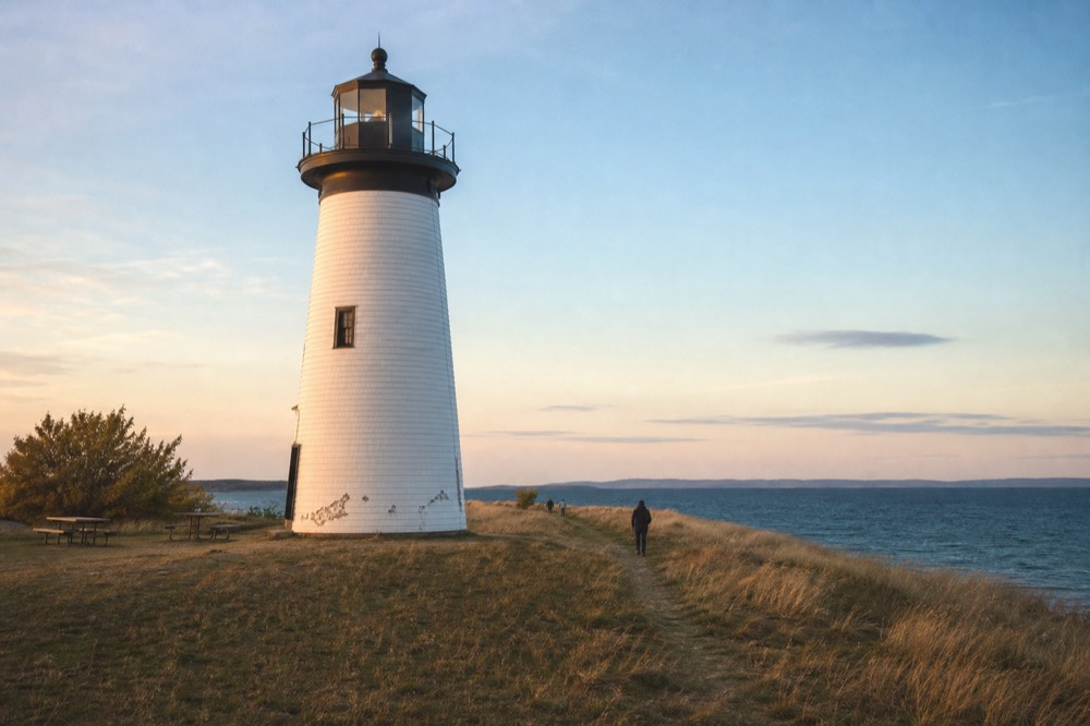 A white lighthouse on a grassy point with calm water on both sides at golden hour