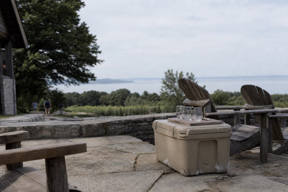 Tasting room patio overlooking Grand Traverse Bay at an Old Mission winery