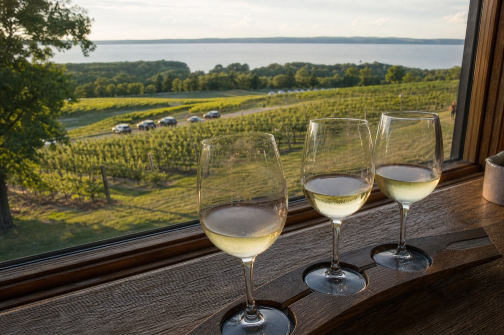A flight of white wine glasses on a wooden tasting bar overlooking vineyards