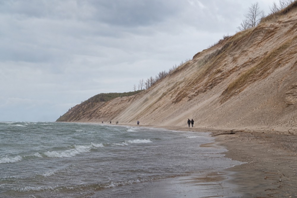 Sand dunes rising above Lake Michigan at Sleeping Bear Dunes near Glen Arbor