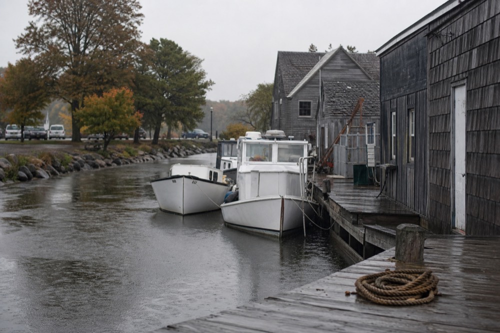 Small harbor town on the Leelanau Peninsula with fishing boats and quiet streets
