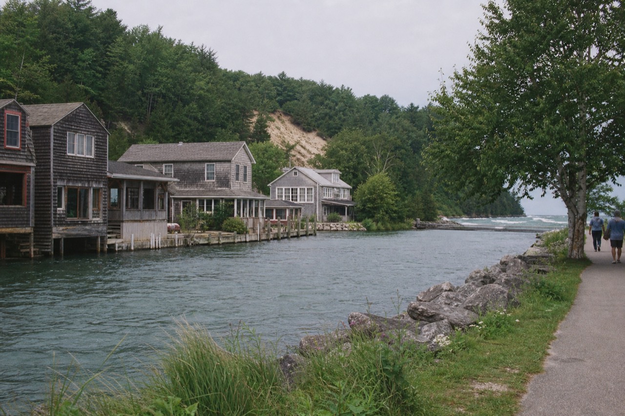 Village of Glen Arbor beside Lake Michigan with forested dunes rising in the distance