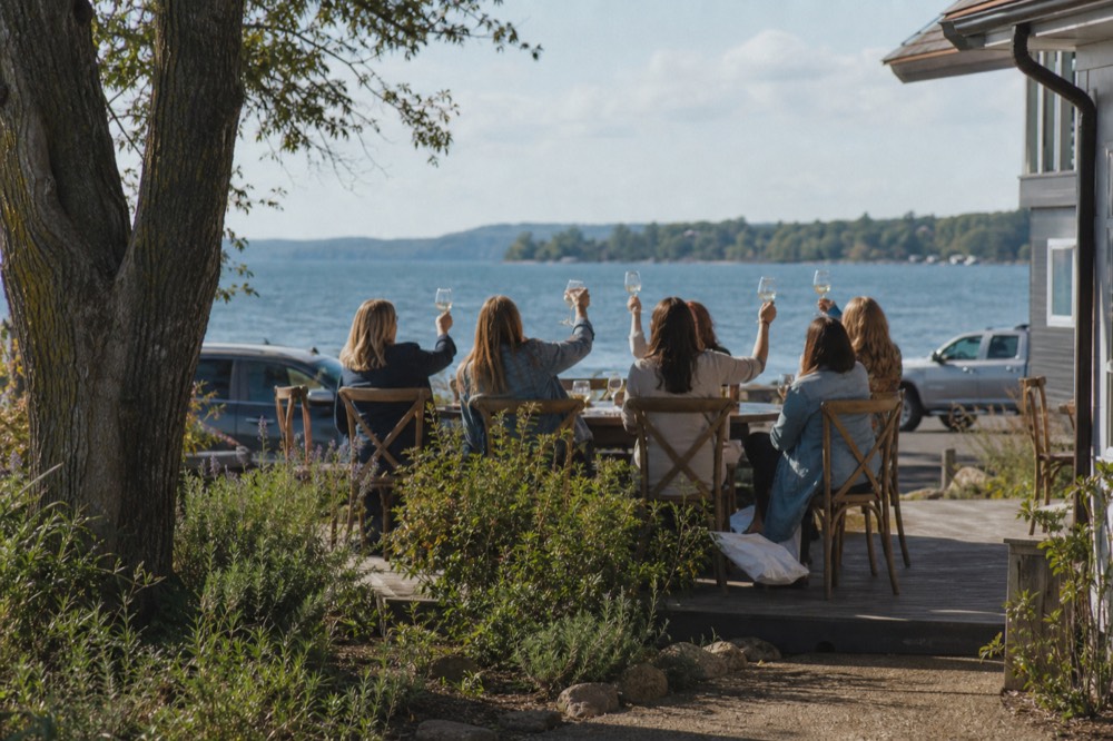 Friends toasting wine glasses on a tasting room patio overlooking a lake