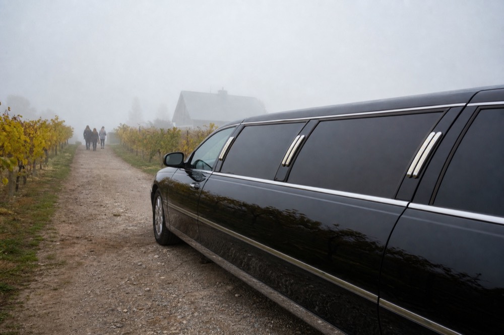 A limousine-style shuttle parked on a vineyard lane between grape rows