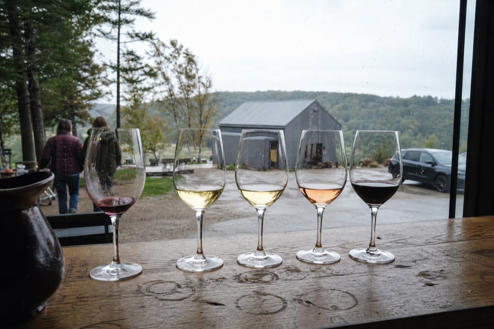 A wine flight of several pours set on a tasting room bar