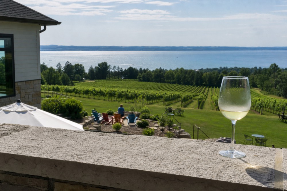 A hilltop tasting room looking over rows of vines toward blue bay water