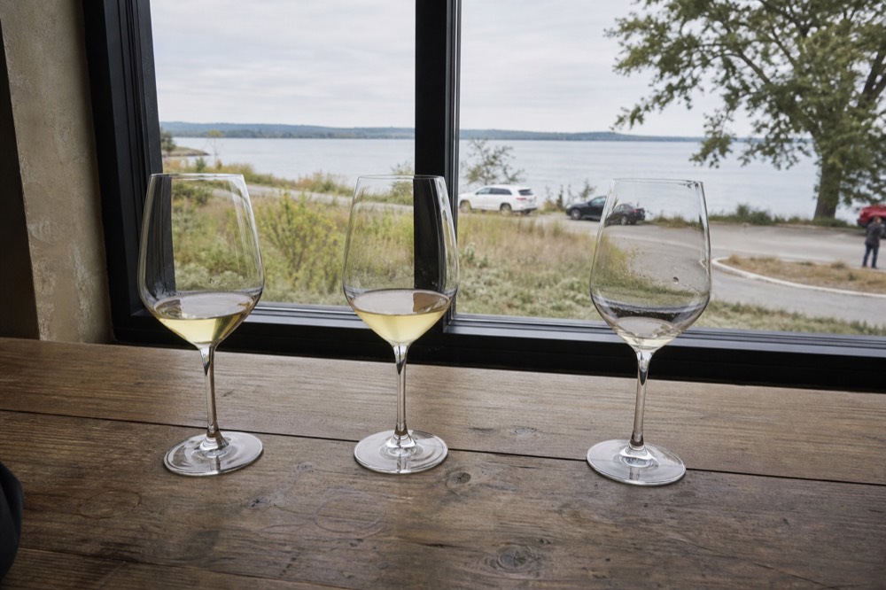 A tasting flight of white wines on a wooden bar beside a bay window