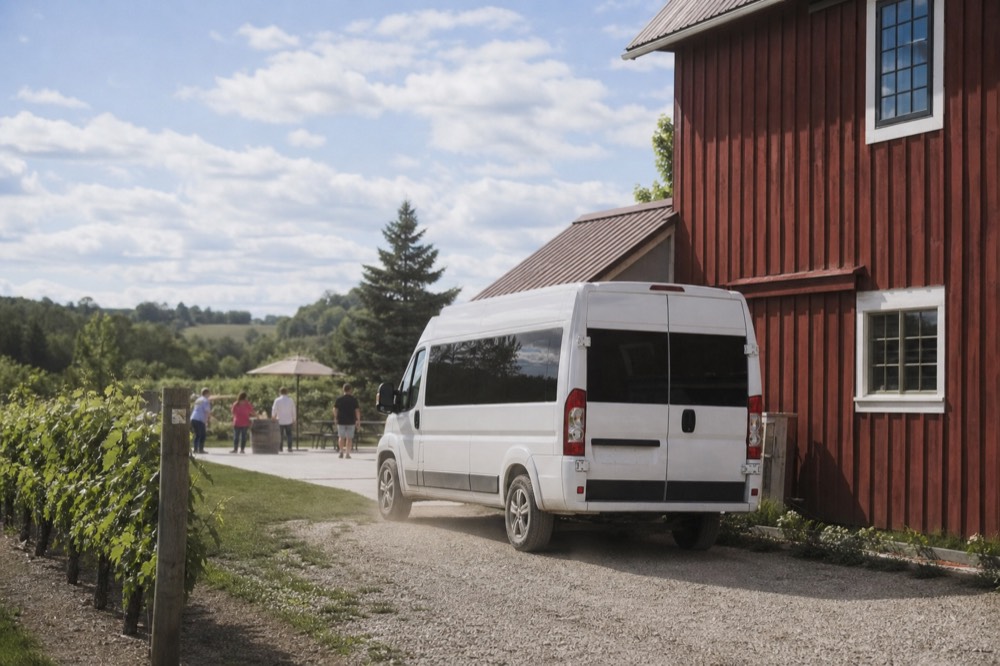 A small shuttle bus parked on a gravel drive beside a barn-like winery building