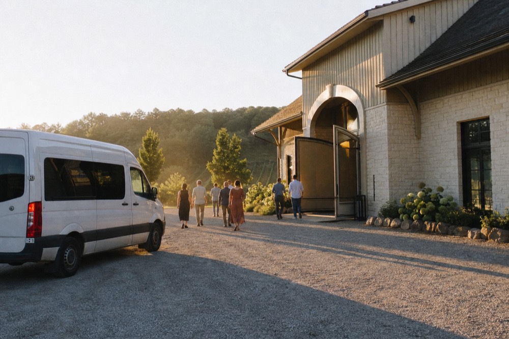 A shared shuttle parked outside a winery entrance in warm evening light