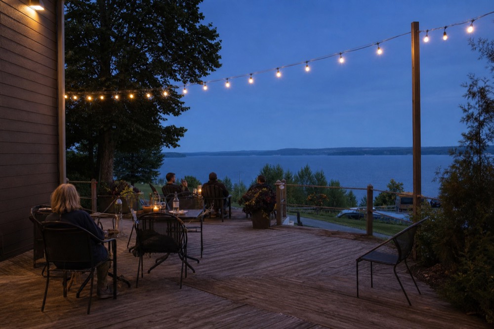 A winery terrace with string lights glowing above the bay after sunset