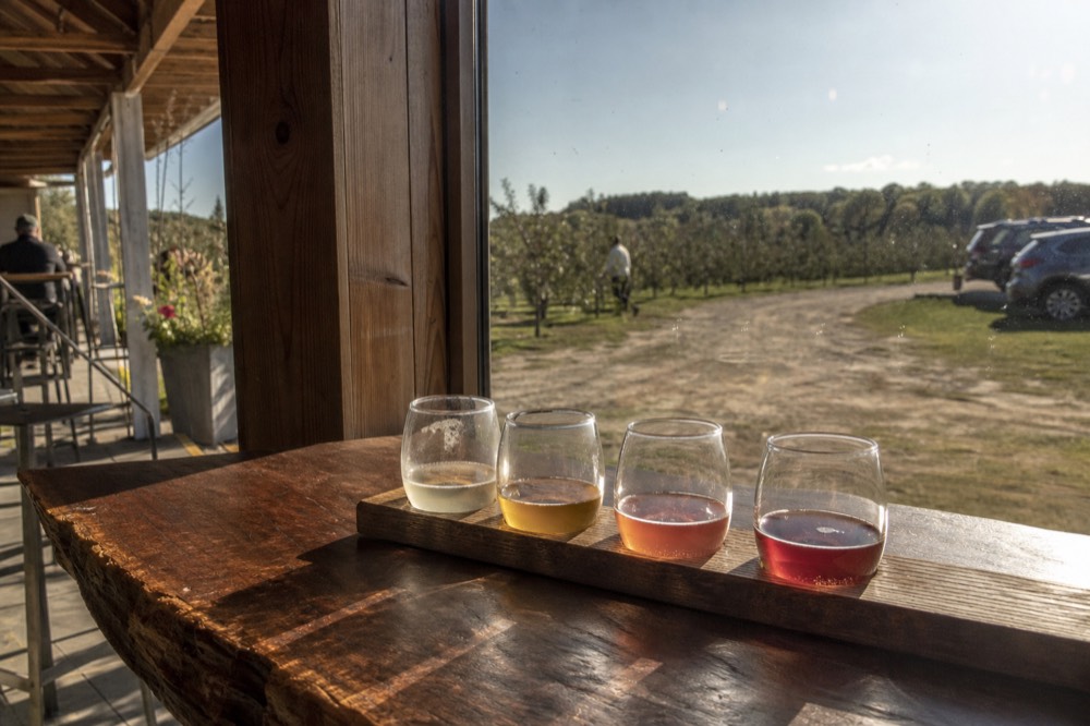 Cider glasses on a tasting flight board beside an orchard window