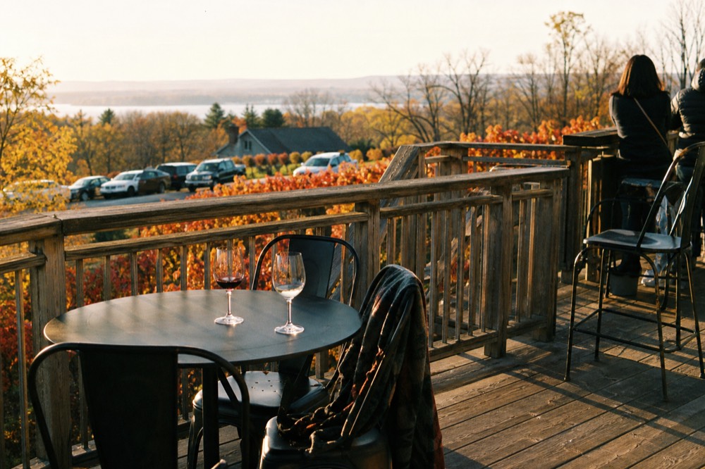 A tasting room deck in autumn with red and orange vines behind it