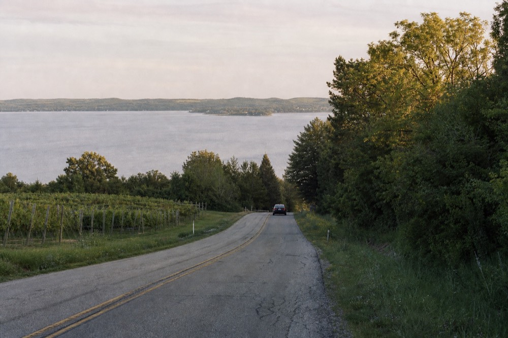 A narrow peninsula road with vineyards on one side and open water on the other