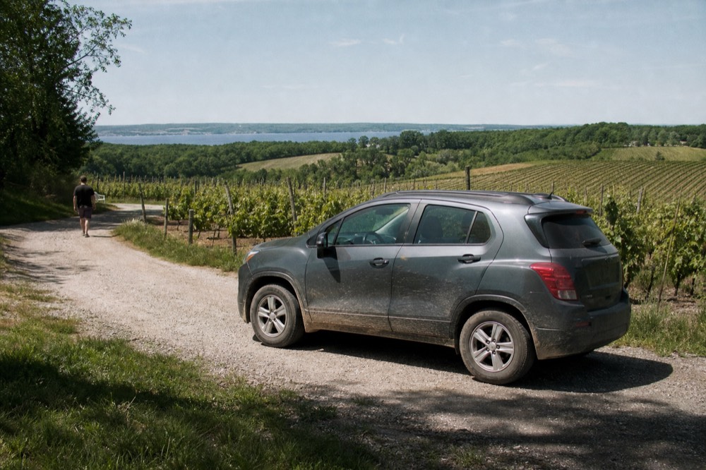 A small SUV parked on a gravel drive beside vineyard rows