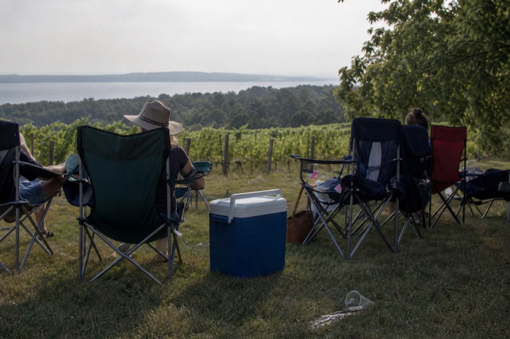 A group of empty chairs and a cooler arranged on a lawn overlooking a vineyard