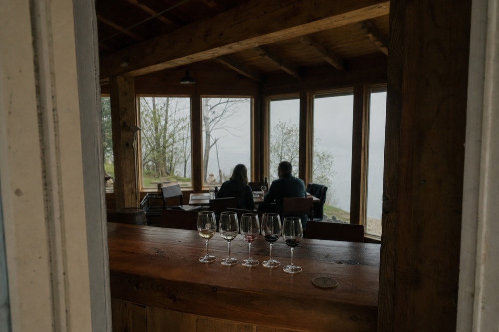 A row of wine glasses filled for a tasting flight on a wooden tasting room bar
