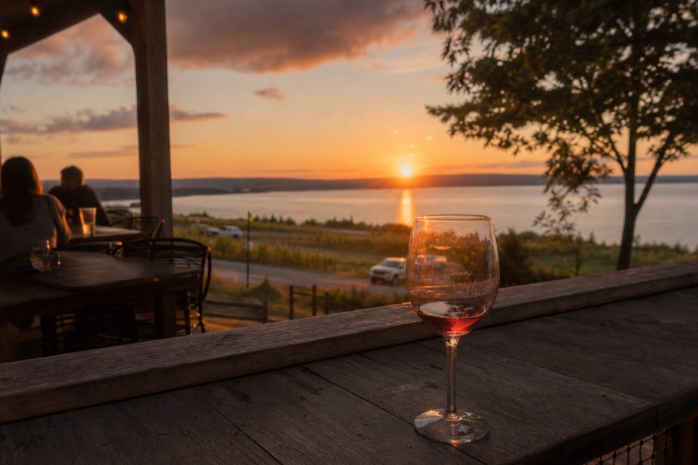 Sunset over West Grand Traverse Bay seen from a winery terrace