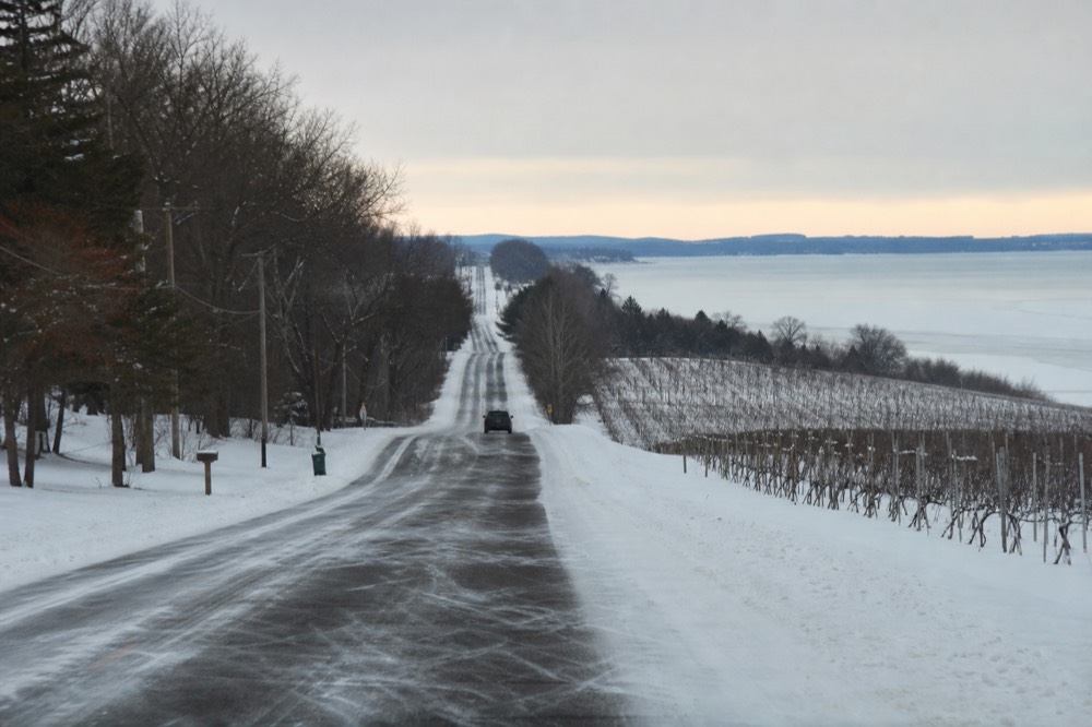 A snow-covered single-lane road running north between frozen vineyards and the bay