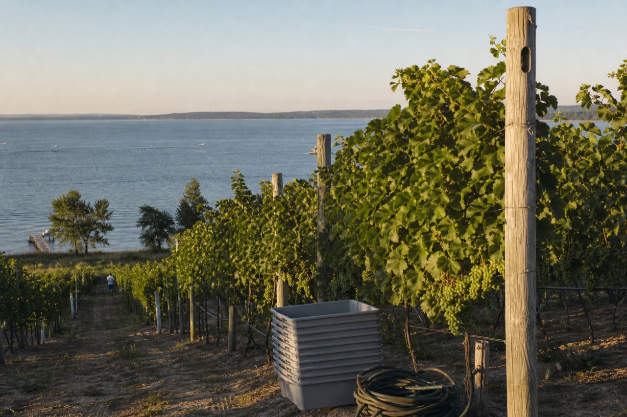 Vineyard rows on a hillside above Grand Traverse Bay near Traverse City in late afternoon light